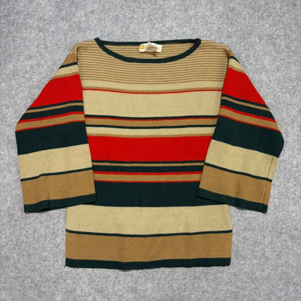 Vintage White Stag Striped Ribbed Knit Boat Neck Sweater Retro Earth Tones Large